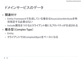 http://biki.jp.net/enterprisenet
ドメインサービスのデータ
 関連付け
 Entity Frameworkで生成している場合はAssociationAttributeを特
別指定する必要はない
 Include属性をつけるとクライアント側にもプロパティが生成される
 複合型（Complex Type）
 Entity
 クライアントではComplexObjectをベースになる
15
 