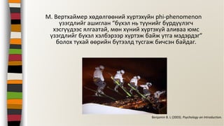 М. Вертхаймер хөдөлгөөний хүртэхүйн phi-phenomenon
үзэгдлийг ашиглан “бүхэл нь түүнийг бүрдүүлэгч
хэсгүүдээс ялгаатай, мөн хүний хүртэхүй аливаа юмс
үзэгдлийг бүхэл хэлбэрээр хүртэж байж утга мэдэрдэг”
болох тухай өөрийн бүтээлд тусгаж бичсэн байдаг.
Benjamin B. L (2003). Psychology an Introduction.
 
