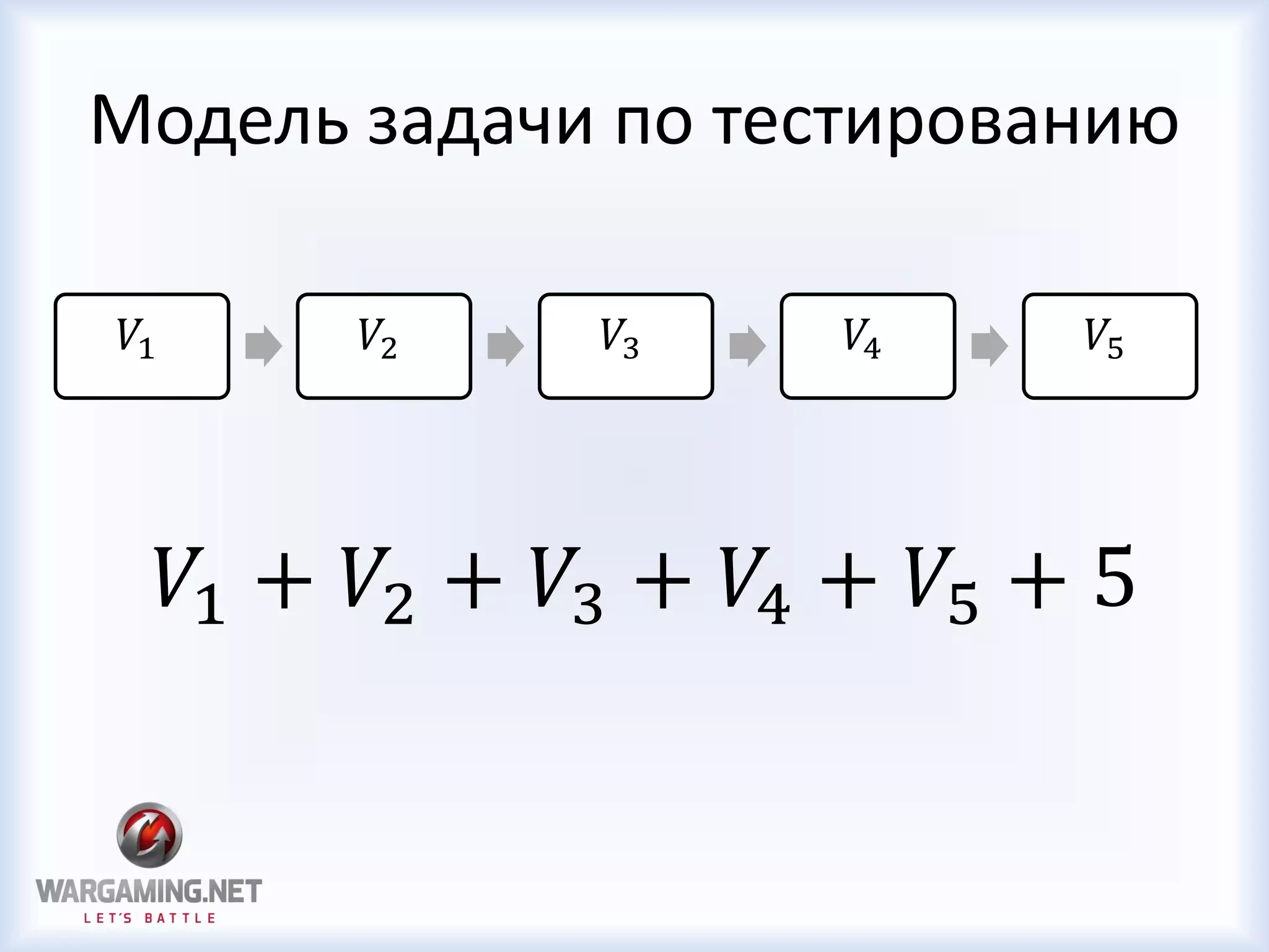 Модель задачи по тестированию
𝑉1 𝑉2 𝑉3 𝑉4 𝑉5
𝑉1 + 𝑉2 + 𝑉3 + 𝑉4 + 𝑉5 + 5
 