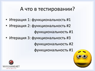 А что в тестировании?
• Итерация 1: функциональность #1
• Итерация 2: функциональность #2
функциональность #1
• Итерация 3: функциональность #3
функциональность #2
функциональность #1
 