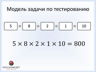 Модель задачи по тестированию
5 8 2 1 10
5 × 8 × 2 × 1 × 10 = 800
 