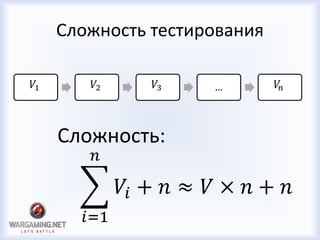 Сложность тестирования
𝑉1 𝑉2 𝑉3 … 𝑉𝑛
𝑖=1
𝑛
𝑉𝑖 + 𝑛 ≈ 𝑉 × 𝑛 + 𝑛
Сложность:
 