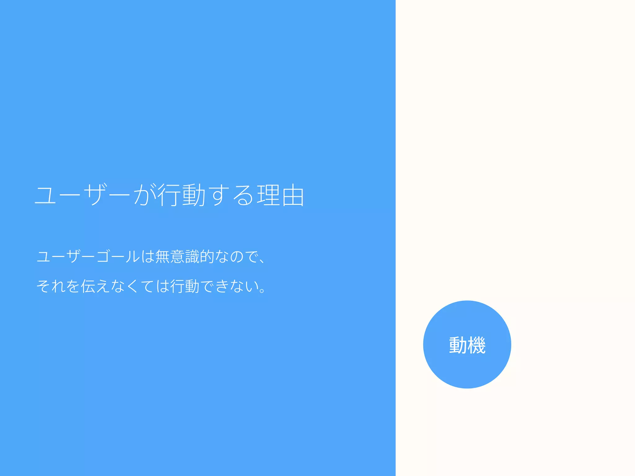 ユーザー
ゴール
動機行動
ユーザーゴールは無意識的なので、
それを伝えなくては行動できない。
ユーザーが行動する理由
 