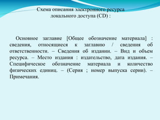 Основное заглавие [Общее обозначение материала] :
сведения, относящиеся к заглавию / сведения об
ответственности. – Сведения об издании. – Вид и объем
ресурса. – Место издания : издательство, дата издания. –
Специфическое обозначение материала и количество
физических единиц. – (Серия ; номер выпуска серии). –
Примечания.
Схема описания электронного ресурса
локального доступа (CD) :
 
