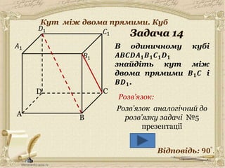 30.05.2014
A
C
B
D
𝐵1
𝐶1
𝐷1
В одиничному кубі
𝑨𝑩𝑪𝑫𝑨 𝟏 𝑩 𝟏 𝑪 𝟏 𝑫 𝟏
знайдіть кут між
двома прямими 𝑩 𝟏 𝑪 і
𝑩𝑫 𝟏.
𝐴1
Відповідь: 𝟗𝟎°.
Розв’язок:
15
Розв’язок аналогічний до
розв’язку задачі №5
презентації
Кут між двома прямими. Куб
 