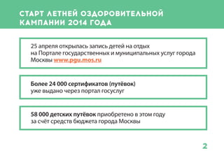 2
Старт летней оздоровительной
кампании 2014 года
Всего — более 130000 детей отдохнут
с участием бюджета Москвы!
Более 36000 путевок для детей льготных категорий
Более 21000 путевок для детей, которые занимаются
в учреждениях дополнительного образования и
спортивных школах
50000 путёвок — профсоюзы
Более 15000 детей в городских лагерях
Более 24 000 сертификатов (путёвок)
уже выдано через портал госуслуг
Финансирование - почти 4 млрд рублей
 