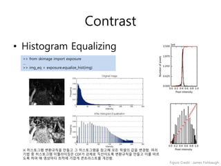 Contrast
• Histogram Equalizing
>> from skimage import exposure
…
>> img_eq = exposure.equalize_hist(img)
Figure Credit : ...