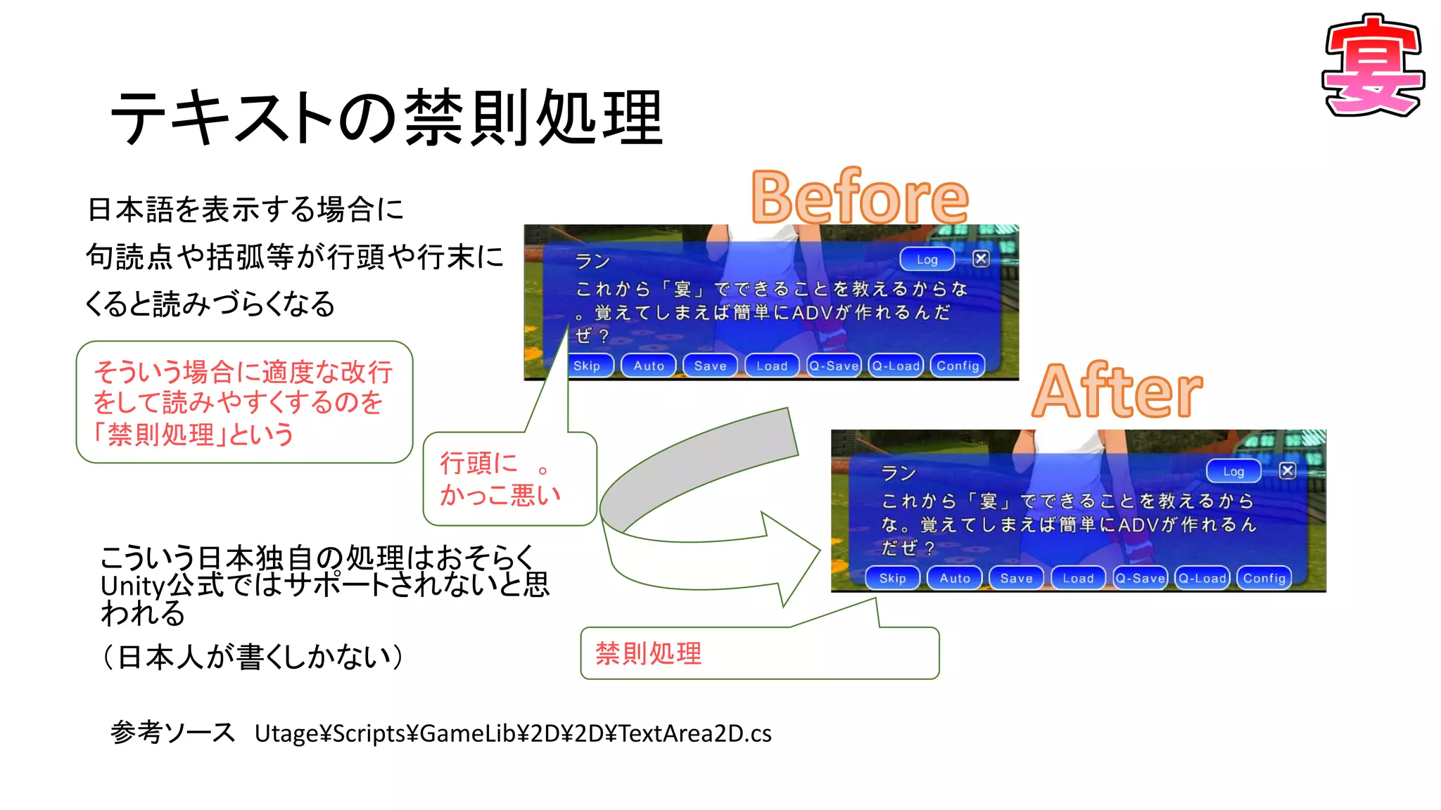 テキストの禁則処理
参考ソース Utage¥Scripts¥GameLib¥2D¥2D¥TextArea2D.cs
そういう場合に適度な改行
をして読みやすくするのを
「禁則処理」という
日本語を表示する場合に
句読点や括弧等が行頭や行末に
くると読みづらくなる
禁則処理
こういう日本独自の処理はおそらく
Unity公式ではサポートされないと思
われる
（日本人が書くしかない）
行頭に 。
かっこ悪い
 
