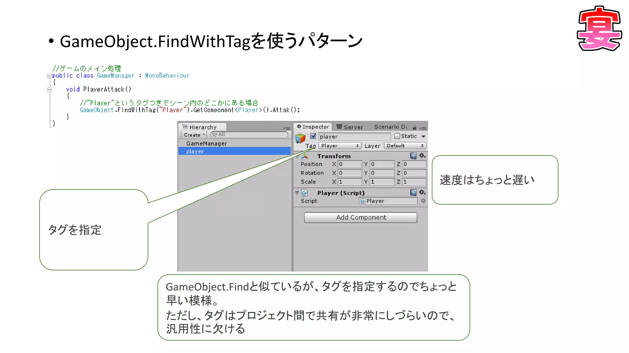 • GameObject.FindWithTagを使うパターン
GameObject.Findと似ているが、タグを指定するのでちょっと
早い模様。
ただし、タグはプロジェクト間で共有が非常にしづらいので、
汎用性に欠ける
速度はちょっと遅い
タグを指定
 