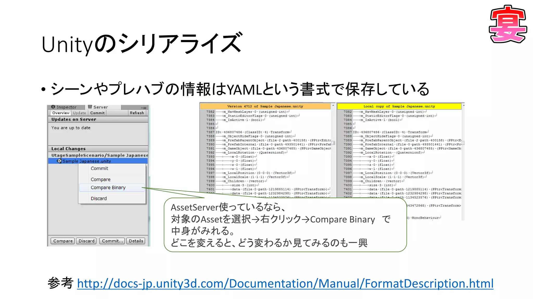 Unityのシリアライズ
• シーンやプレハブの情報はYAMLという書式で保存している
AssetServer使っているなら、
対象のAssetを選択→右クリック→Compare Binary で
中身がみれる。
どこを変えると、どう変わるか見てみるのも一興
参考 http://docs-jp.unity3d.com/Documentation/Manual/FormatDescription.html
 