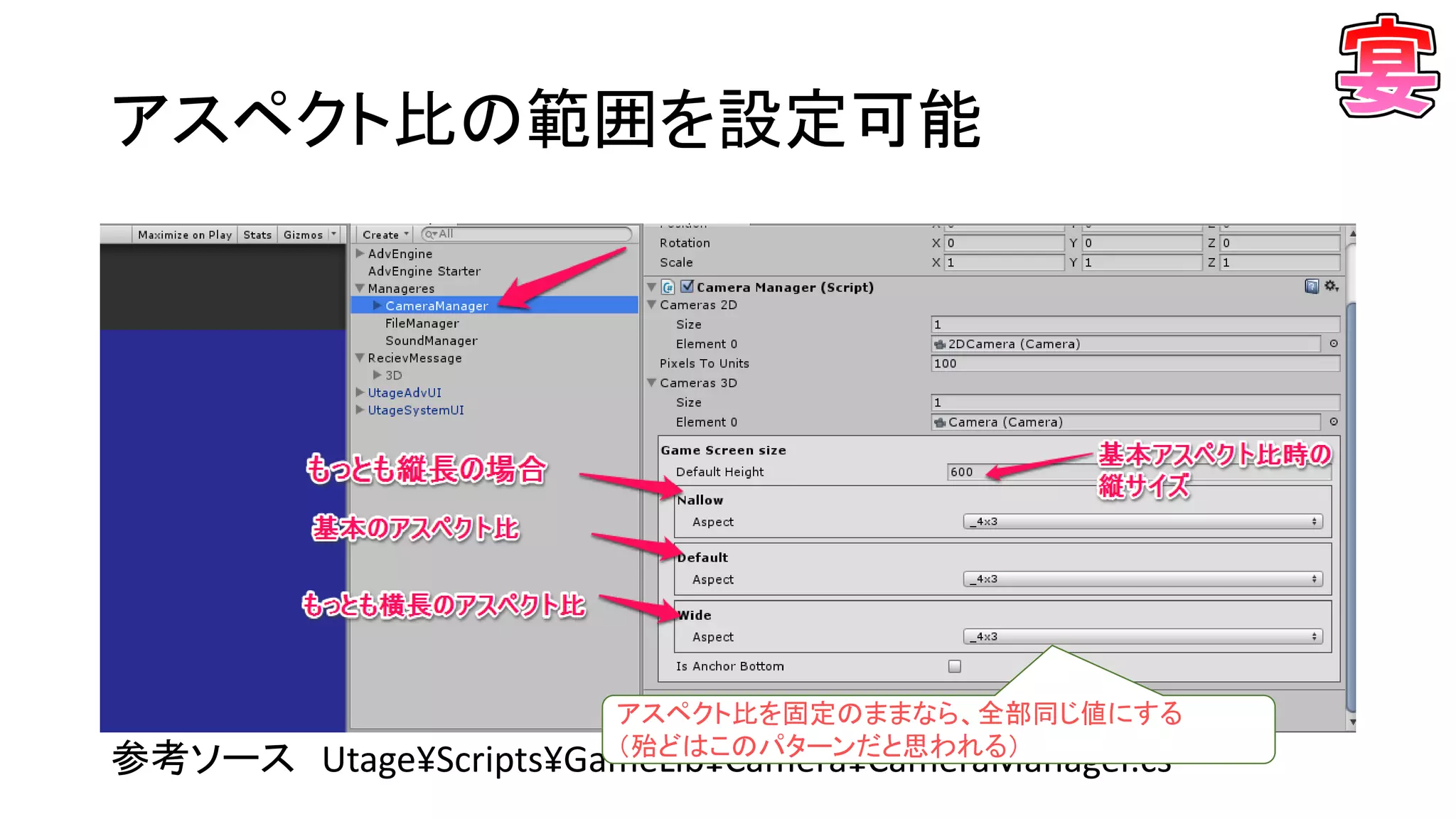 アスペクト比の範囲を設定可能
参考ソース Utage¥Scripts¥GameLib¥Camera¥CameraManager.cs"
アスペクト比を固定のままなら、全部同じ値にする
（殆どはこのパターンだと思われる）
 