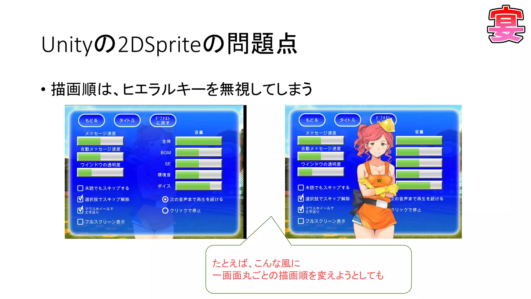 Unityの2DSpriteの問題点
• 描画順は、ヒエラルキーを無視してしまう
たとえば、こんな風に
一画面丸ごとの描画順を変えようとしても
 