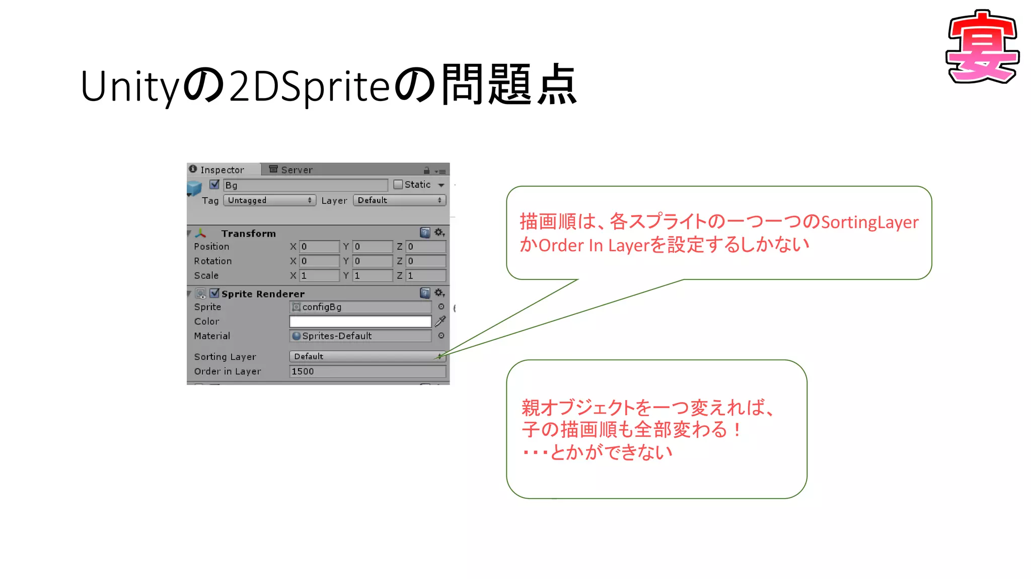 Unityの2DSpriteの問題点
描画順は、各スプライトの一つ一つのSortingLayer
かOrder In Layerを設定するしかない
親オブジェクトを一つ変えれば、
子の描画順も全部変わる！
・・・とかができない
 