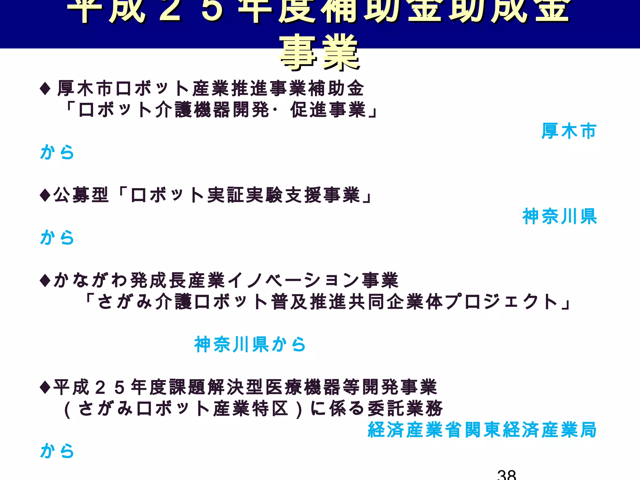 ♦ 厚木市ロボット産業推進事業補助金
　「ロボット介護機器開発・促進事業」
　　　　　　　　　　　　　　　　　　　　　　　　　　厚木市
から
♦公募型「ロボット実証実験支援事業」　　
　　　　　　　　　　　　　　　　　　　　　　　　　神奈川県
から
♦かながわ発成長産業イノベーション事業　
　　「さがみ介護ロボット普及推進共同企業体プロジェクト」　
　　　　　　　　　　　　　　　　　　　　　　　　　　　　　
　　　　　　　　神奈川県から
♦平成２５年度課題解決型医療機器等開発事業
　（さがみロボット産業特区）に係る委託業務　
　　　　　　　　　　　　　　　　　経済産業省関東経済産業局
から
平成２５年度補助金助成金平成２５年度補助金助成金
事業事業
 