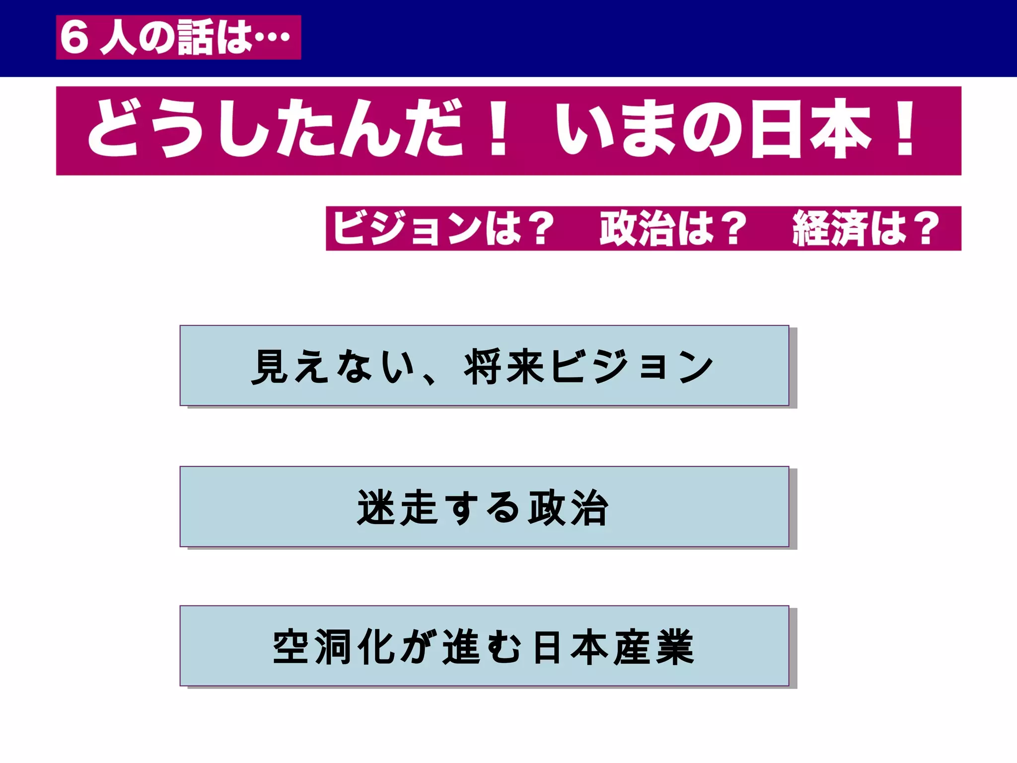 見えない、将来ビジョン見えない、将来ビジョン
迷走する政治迷走する政治
空洞化が進む日本産業空洞化が進む日本産業
 