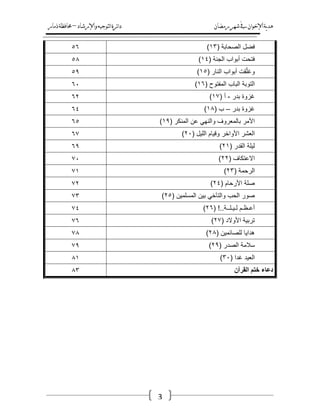 ‫رمضان‬‫شهر‬‫يف‬‫اإلخىان‬‫ية‬‫د‬‫ه‬‫واإلرشاد‬‫لتىجيه‬‫ا‬‫ئرة‬‫ا‬‫د‬–‫ذمار‬‫حمافظة‬
3
‫فضل‬‫الصحابة‬(13)٘ٙ
‫فتحت‬‫أبواب‬‫الجنة‬(14)٘ٛ
‫قت‬ّ‫ل‬‫وغ‬‫أبواب‬‫النار‬(15)ٜ٘
‫التوبة‬‫الباب‬‫المفتوح‬(16)ٙٓ
‫غزوة‬‫بدر‬-‫أ‬(17)ٕٙ
‫غزوة‬‫بدر‬–‫ب‬(18)ٙٗ
‫األمر‬‫بالمعروف‬‫والنهي‬‫عن‬‫المنكر‬(19)ٙ٘
‫العشر‬‫األواخر‬‫وقيام‬‫الليل‬(21)ٙٚ
‫ليلة‬‫القدر‬(21)ٜٙ
‫االعتكاف‬(22)ٚٓ
‫الرحمة‬(23)ٚٔ
‫صلة‬‫األرحام‬(24)ٕٚ
‫صور‬‫الحب‬‫والتآخي‬‫بين‬‫المسلمين‬(25)ٖٚ
‫أعـظـم‬‫لـيـلــة‬( !..26)ٚٗ
‫تربية‬‫األوالد‬(27)ٚٙ
‫هدايا‬‫للصائمين‬(28)ٚٛ
‫سالمة‬‫الصدر‬(29)ٜٚ
‫العيد‬‫غدا‬(31)ٛٔ
‫القرآن‬ ‫ختم‬ ‫دعاء‬ٖٛ
 