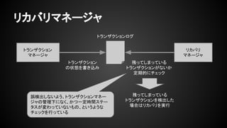 リカバリマネージャ
トランザクション
マネージャ
リカバリ
マネージャ
トランザクションログ
トランザクション
の状態を書き込み
残ってしまっている
トランザクションがないか
定期的にチェック
残ってしまっている
トランザクションを検出した
場合はリカバリを実行
誤検出しないよう、トランザクションマネー
ジャの管理下になく、かつ一定時間ステー
タスが変わっていないもの、というような
チェックを行っている
 