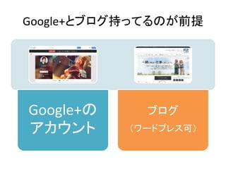 Google+とブログ持ってるのが前提
Google+の
アカウント
ブログ
（ワードプレス可）
 