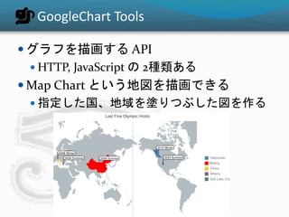 GoogleChart Tools
 グラフを描画する API
 HTTP, JavaScript の 2種類ある
 Map Chart という地図を描画できる
 指定した国、地域を塗りつぶした図を作る
 