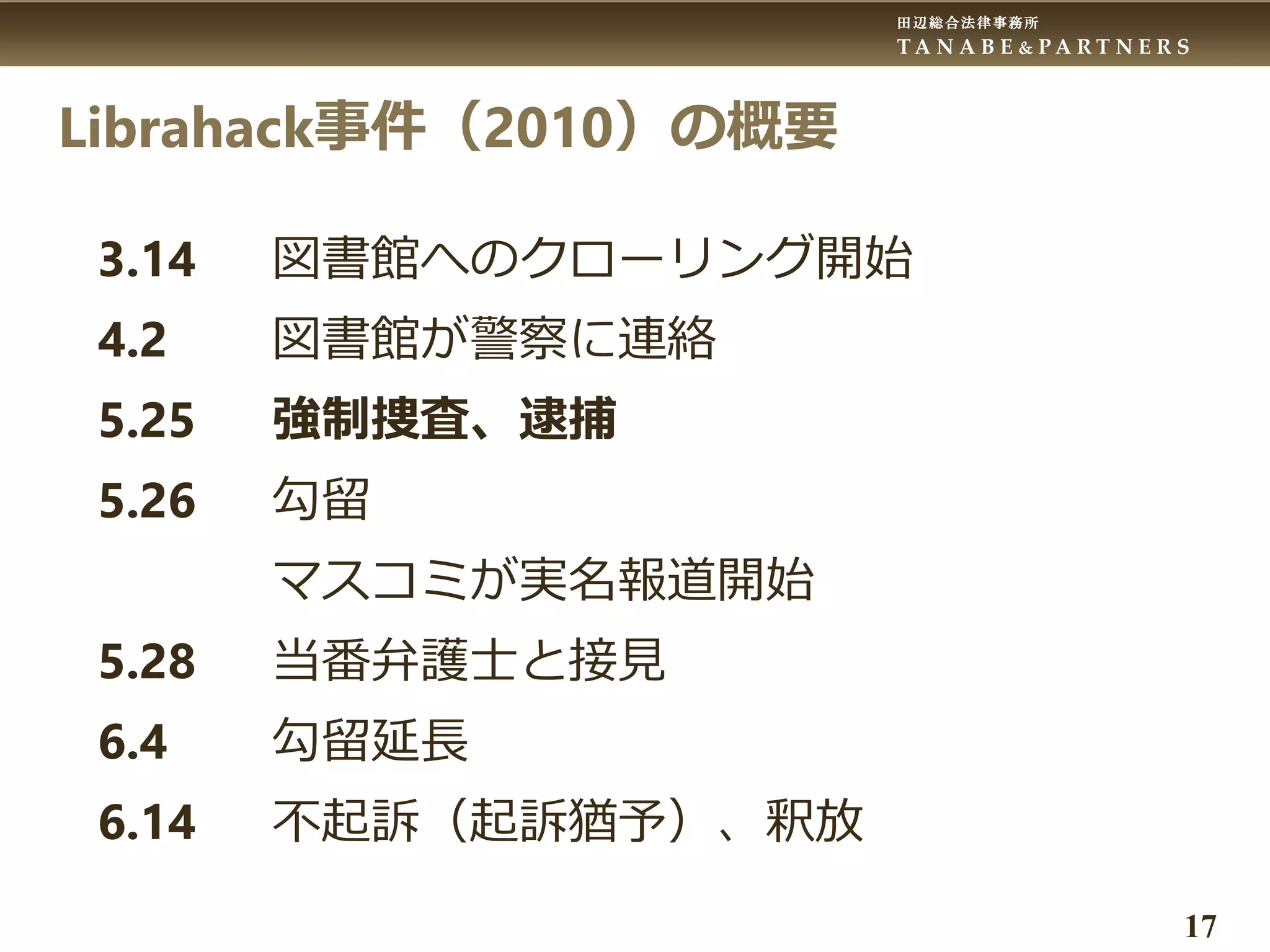 田辺総合法律事務所
T A N A B E & P A R T N E R S
17
Librahack事件（2010）の概要
3.14 図書館へのクローリング開始
4.2 図書館が警察に連絡
5.25 強制捜査、逮捕
5.26 勾留
マスコミが実名報道開始
5.28 当番弁護士と接見
6.4 勾留延長
6.14 不起訴（起訴猶予）、釈放
 