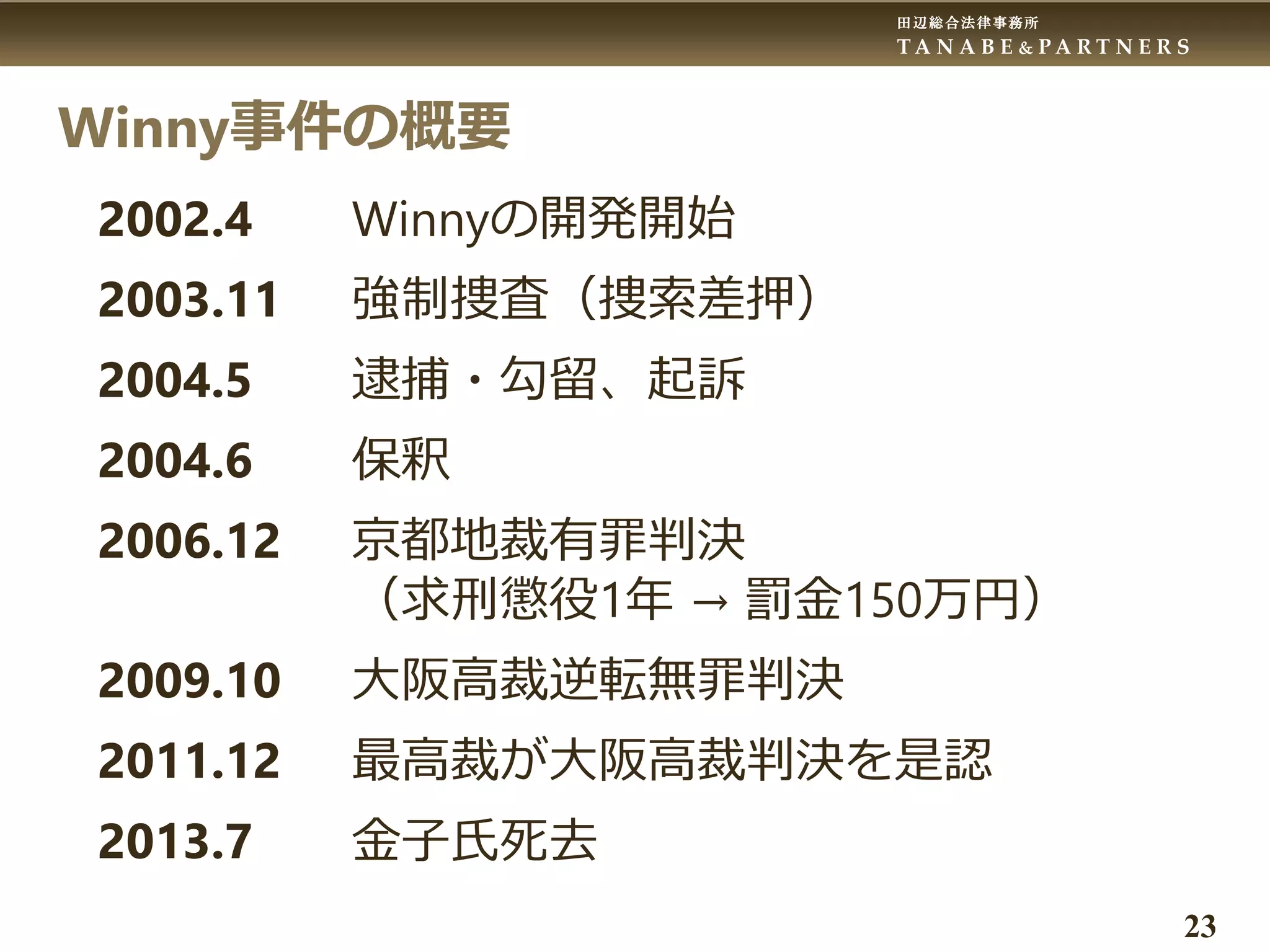 田辺総合法律事務所
T A N A B E & P A R T N E R S
23
Winny事件の概要
2002.4 Winnyの開発開始
2003.11 強制捜査（捜索差押）
2004.5 逮捕・勾留、起訴
2004.6 保釈
2006.12 京都地裁有罪判決
（求刑懲役1年 → 罰金150万円）
2009.10 大阪高裁逆転無罪判決
2011.12 最高裁が大阪高裁判決を是認
2013.7 金子氏死去
 