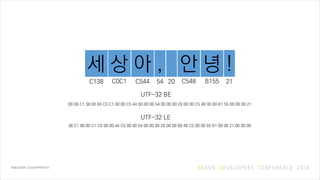 세 상 아 , 안 녕 !
C138 C0C1 C544 54 20 C548 B155 21
00 00 C1 38 00 00 C0 C1 00 00 C5 44 00 00 00 54 00 00 00 20 00 00 C5 48 00 00 B1 55 00 00 00 21
38 C1 00 00 C1 C0 00 00 44 C5 00 00 54 00 00 00 20 00 00 00 48 C5 00 00 55 B1 00 00 21 00 00 00
UTF-32 BE
UTF-32 LE
 