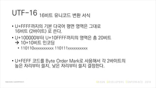 UTF-16 16비트 유니코드 변환 서식
• U+FFFF까지의 기본 다국어 평면 영역은 그대로
16비트 (2바이트) 로 쓴다.
• U+100000부터 U+10FFFF까지의 영역은 총 20비트
 10+10비트 인코딩
• 110110xxxxxxxxxx 110111xxxxxxxxxx
• U+FEFF 코드를 Byte Order Mark로 사용해서 각 2바이트의
높은 자리부터 쓸지, 낮은 자리부터 쓸지 결정한다.
 