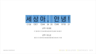 UTF-16 BE
UTF-16 LE
세 상 아 , 안 녕 !
C138 C0C1 C544 54 20 C548 B155 21
C1 38 C0 C1 C5 44 00 54 00 20 C5 48 B1 55 00 21
38 C1 C1 C0 44 C5 54 00 20 00 48 C5 55 B1 21 00
 