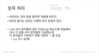 숫자 처리
• 처리되는 것이 한글 뿐이면 저렴해 보인다.
• 0으로 끝나는 숫자는 다행히 모두 받침이 있다.
• .net 서식 문자열의 경우 ToString 메소드에 전달해서
다시 각 값을 서식 문자열로 가공하는데,
이 문자들과 구분하기 위해 구분자 ‘-’를 도입
• e.g. {0:c-을/를}
2014-03-12 입니다.
20:41:05 전형규 [henjeon] @김재석
20:41:10 전형규 [henjeon] 영어도 해주
20:41:13 전형규 [henjeon] 숫자도 해주
(32비트 정수형)
 
