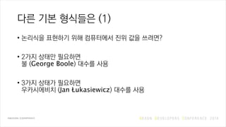 다른 기본 형식들은 (1)
• 논리식을 표현하기 위해 컴퓨터에서 진위 값을 쓰려면?
• 2가지 상태만 필요하면
불 (George Boole) 대수를 사용
• 3가지 상태가 필요하면
우카시에비치 (Jan Łukasiewicz) 대수를 사용
 
