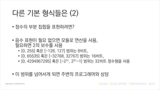 다른 기본 형식들은 (2)
• 정수의 부분 집합을 표현하려면?
• 음수 표현이 필요 없으면 모듈로 연산을 사용,
필요하면 2의 보수를 사용
• [0, 255] 혹은 [-128, 127] 범위는 8비트,
• [0, 65535] 혹은 [-32768, 32767] 범위는 16비트,
• [0, 4294967295] 혹은 [-231, 231-1] 범위는 32비트 정수형을 사용
• 이 범위를 넘어서게 되면 주변의 프로그래머와 상담
 