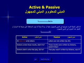 Active & Passive
‫للمجهول‬ ‫المبني‬ ‫و‬ ‫للمعلوم‬ ‫المبني‬
‫أ‬ ‫السؤال‬ ‫هذا‬ ‫صيغة‬ ‫على‬ ‫المحافظة‬ ‫يجب‬ ‫لذا‬ ‫مذيال‬ ‫سؤاال‬ ‫أو‬ ‫منفية‬ ‫للمجهول‬ ‫المبني‬ ‫إلى‬ ‫تحويلها‬ ‫المراد‬ ‫الجملة‬ ‫تكون‬ ‫قد‬‫و‬
‫للمجهول‬ ‫المبني‬ ‫إلى‬ ‫التحويل‬ ‫عند‬ ‫التذييل‬.
‫أمثلـــــــــــــــــــة‬
‫الرئيسية‬ ‫القائمة‬ ‫إلى‬ ‫عودة‬‫السابق‬
Active ‫للمعلوم‬ ‫مبني‬ Passive ‫للمجهول‬ ‫مبني‬
Ali does not write letters Letters are not written (by Ali).
Dickens wrote those novels, didn’t he? Those novels were written by Dickens,
weren’t they?
Dickens didn’t write that play, did he? That play wasn’t written by Dickens, was it?
‫مالحظـــــــــــــــــــــــة‬
‫الرئيسية‬ ‫القائمة‬ ‫إلى‬ ‫عودة‬
 