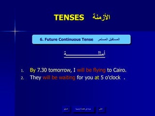 TENSES ‫األزمنة‬
‫أمثلــــــــــــــــــــــة‬
1. By 7.30 tomorrow, I will be flying to Cairo.
2. They will be waiting for you at 5 o'clock .
‫الرئيسية‬ ‫القائمة‬ ‫إلى‬ ‫عودة‬ ‫التالي‬‫السابق‬
6. Future Continuous Tense ‫المستمر‬ ‫المستقبل‬
‫الرئيسية‬ ‫القائمة‬ ‫إلى‬ ‫عودة‬
 