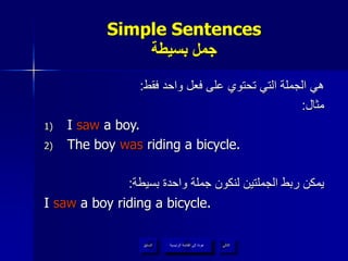 Simple Sentences
‫بسيطة‬ ‫جمل‬
‫فقط‬ ‫واحد‬ ‫فعل‬ ‫على‬ ‫تحتوي‬ ‫التي‬ ‫الجملة‬ ‫هي‬:
‫مثال‬:
1) I saw a boy.
2) The boy was riding a bicycle.
‫بسيطة‬ ‫واحدة‬ ‫جملة‬ ‫لنكون‬ ‫الجملتين‬ ‫ربط‬ ‫يمكن‬:
I saw a boy riding a bicycle.
‫الرئيسية‬ ‫القائمة‬ ‫إلى‬ ‫عودة‬ ‫التالي‬‫السابق‬ ‫الرئيسية‬ ‫القائمة‬ ‫إلى‬ ‫عودة‬
 