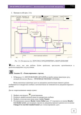ПРАКТИЧЕСКАЯ РАБОТА 2. Декомпозиция контекстной диаграммы
2 часа
28
2. Проверьте себя (рис. 2.6.).
Рис. 2.6. Построение дуг ПЕРСОНАЛ ПРЕДПРИЯТИЯ и ОБОРУДОВАНИЕ
После того, как эта работа будет проделана, пригласите преподавателя и
продемонстрируйте ему результат.
Задание 15. «Тоннелирование» стрелок.
1. В Процессе 1.2. ИЗГОТОВЛЕНИЕ ДЕТАЛЕЙ постройте новую граничную дугу,
которой обозначьте Выход – ПРОИЗВОДСТВЕННЫЕ ОТХОДЫ.
Вновь внесенные граничные дуги на диаграмме декомпозиции нижнего уровня
изображаются в квадратных скобках и автоматически не появляются на диаграмме верхнего
уровня.
Для их «перетаскивания» наверх нужно:
2. Выбрать инструмент редактирования.
3. Кликнуть правой кнопкой мыши по квадратным скобкам.
4. Выбрать в контекстном меню пункт Arrow Tunnel.
5. В появившемся диалоге Border Arrow Editor (рис. 2.7.) щелкнуть по кнопке Resolve
it to border arrow для миграции стрелки на диаграмму верхнего уровня или по кнопке
Change it to resovled rounded tunnel для «тоннелирования» дуги.
 
