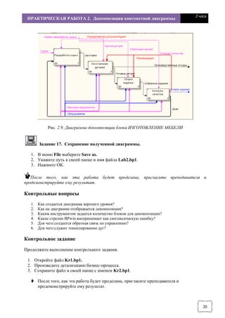 ПРАКТИЧЕСКАЯ РАБОТА 2. Декомпозиция контекстной диаграммы
2 часа
30
Рис. 2.9. Диаграмма декомпозиции блока ИЗГОТОВЛЕНИЕ МЕБЕЛИ
Задание 17. Сохранение полученной диаграммы.
1. В меню File выберите Save as.
2. Укажите путь к своей папке и имя файла Lab2.bp1.
3. Нажмите ОК.
После того, как эта работа будет проделана, пригласите преподавателя и
продемонстрируйте ему результат.
Контрольные вопросы
1. Как создается диаграмма верхнего уровня?
2. Как на диаграмме отображается декомпозиция?
3. Каким инструментом задается количество блоков для декомпозиции?
4. Какие стрелки BPwin воспринимает как синтаксическую ошибку?
5. Для чего создается обратная связь по управлению?
6. Для чего служит тоннелирование дуг?
Контрольное задание
Продолжите выполнение контрольного задания.
1. Откройте файл Kr1.bp1.
2. Произведите детализацию бизнес-процесса.
3. Сохраните файл в своей папке с именем Kr2.bp1.
После того, как эта работа будет проделана, пригласите преподавателя и
продемонстрируйте ему результат.
 
