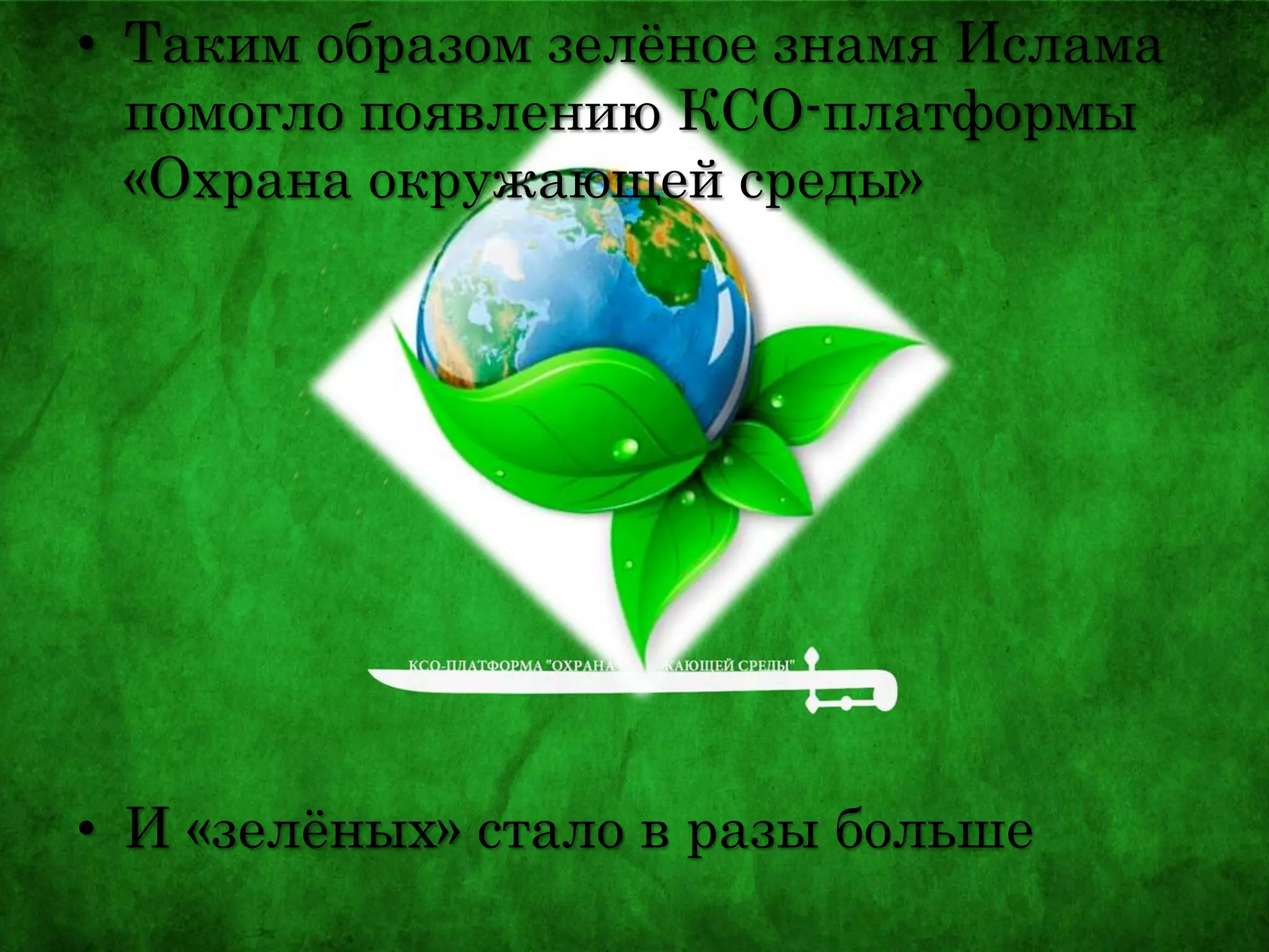 • Таким образом зелёное знамя Ислама
помогло появлению КСО-платформы
«Охрана окружающей среды»
• И «зелёных» стало в разы больше
 