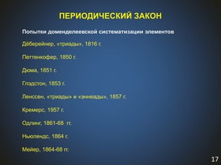 17
ПЕРИОДИЧЕСКИЙ ЗАКОН
Попытки доменделеевской систематизации элементов
Дёберейнер, «триады», 1816 г.
Петтенкофер, 1850 г.
Дюма, 1851 г.
Глэдстон, 1853 г.
Ленссен, «триады» и «эннеады», 1857 г.
Кремерс, 1957 г.
Одлинг, 1861-68 гг.
Ньюлендс, 1864 г.
Мейер, 1864-68 гг.
 
