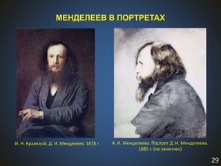 29
МЕНДЕЛЕЕВ В ПОРТРЕТАХ
И. Н. Крамской. Д. И. Менделеев. 1878 г. А. И. Менделеева. Портрет Д. И. Менделеева.
1885 г. (не закончен)
 