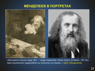 32
МЕНДЕЛЕЕВ В ПОРТРЕТАХ
«Всё дается только труду. Всё — труду людскому, таков лозунг истории… Нет без
явно усиленного трудолюбия ни талантов, ни гениев…» (Д.И. Менделеев)
 