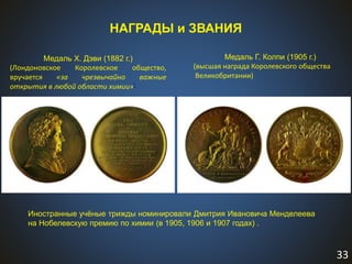33
Медаль Х. Дэви (1882 г.)
(Лондоновское Королевское общество,
вручается «за чрезвычайно важные
открытия в любой области химии»[
Медаль Г. Колпи (1905 г.)
(высшая награда Королевского общества
Великобритании)
НАГРАДЫ и ЗВАНИЯ
Иностранные учёные трижды номинировали Дмитрия Ивановича Менделеева
на Нобелевскую премию по химии (в 1905, 1906 и 1907 годах) .
 