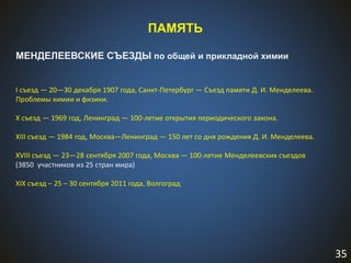 35
I съезд — 20—30 декабря 1907 года, Санкт-Петербург — Съезд памяти Д. И. Менделеева.
Проблемы химии и физики.
X съезд — 1969 год, Ленинград — 100-летие открытия периодического закона.
XIII съезд — 1984 год, Москва—Ленинград — 150 лет со дня рождения Д. И. Менделеева.
XVIII съезд — 23—28 сентября 2007 года, Москва — 100-летие Менделеевских съездов
(3850 участников из 25 стран мира)
XIX съезд – 25 – 30 сентября 2011 года, Волгоград
ПАМЯТЬ
МЕНДЕЛЕЕВСКИЕ СЪЕЗДЫ по общей и прикладной химии
 