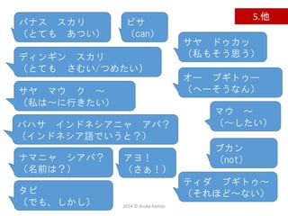 2014 © Asuka Kamijo
5.他
ディンギン スカリ
（とても さむい/つめたい）
パナス スカリ
（とても あつい）
マウ ～
（～したい）
サヤ マウ ク ～
（私は～に行きたい）
サヤ ドゥカッ
（私もそう思う）
オー ブギトゥー
（へーそうなん）
タピ
（でも、しかし）
ナマニャ シアパ？
（名前は？）
ブカン
（not）
ティダ ブギトゥ～
（それほど～ない）
バハサ インドネシアニャ アパ？
（インドネシア語でいうと？）
ビサ
（can）
アヨ！
（さぁ！）
 