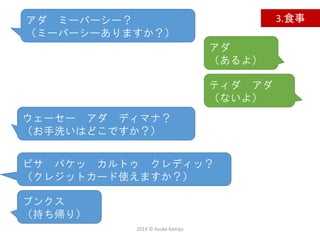 2014 © Asuka Kamijo
3.食事アダ ミーパーシー？
（ミーパーシーありますか？）
アダ
（あるよ）
ウェーセー アダ ディマナ？
（お手洗いはどこですか？）
ビサ パケッ カルトゥ クレディッ？
（クレジットカード使えますか？）
ティダ アダ
（ないよ）
ブンクス
（持ち帰り）
 