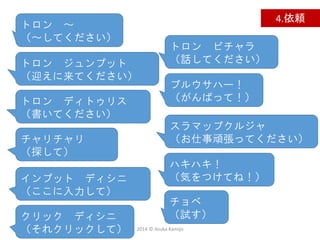 2014 © Asuka Kamijo
4.依頼
トロン ジュンプット
（迎えに来てください）
トロン ～
（～してください）
チャリチャリ
（探して）
インプット ディシニ
（ここに入力して）
トロン ディトゥリス
（書いてください）
クリック ディシニ
（それクリックして）
ブルウサハー！
（がんばって！）
スラマッブクルジャ
（お仕事頑張ってください）
トロン ビチャラ
（話してください）
ハキハキ！
（気をつけてね！）
チョベ
（試す）
 