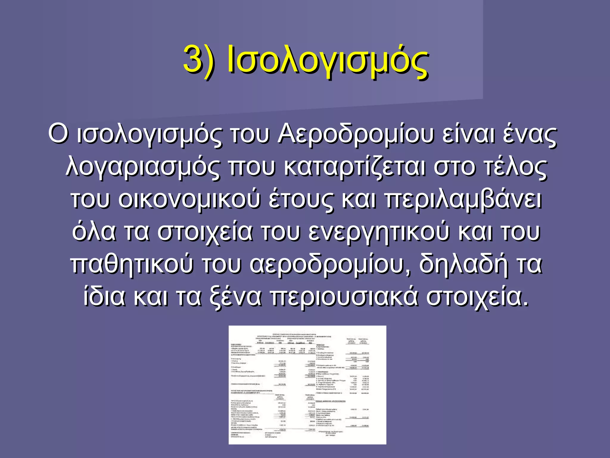 3) Ισολογισμός3) Ισολογισμός
Ο ισολογισμός του Αεροδρομίου είναι έναςΟ ισολογισμός του Αεροδρομίου είναι ένας
λογαριασμός που καταρτίζεται στο τέλοςλογαριασμός που καταρτίζεται στο τέλος
του οικονομικού έτους και περιλαμβάνειτου οικονομικού έτους και περιλαμβάνει
όλα τα στοιχεία του ενεργητικόλα τα στοιχεία του ενεργητικooύ και τουύ και του
παθητικού του αεροδρομίου, δηλαδή ταπαθητικού του αεροδρομίου, δηλαδή τα
ίδια και τα ξένα περιουσιακά στοιχεία.ίδια και τα ξένα περιουσιακά στοιχεία.
 