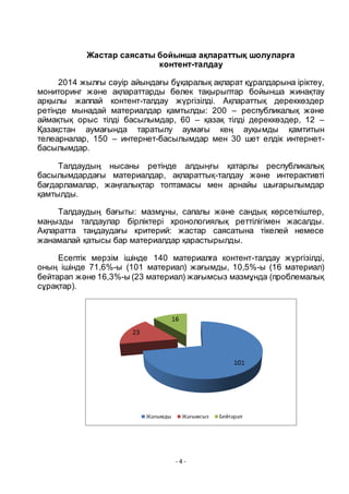 - 4 -
Жастар саясаты бойынша ақпараттық шолуларға
контент-талдау
2014 жылғы сәуір айындағы бҧқаралық ақпарат қҧралдарына іріктеу,
мониторинг және ақпараттарды бӛлек тақырыптар бойынша жинақтау
арқылы жаппай контент-талдау жҥргізілді. Ақпараттық дереккӛздер
ретінде мынадай материалдар қамтылды: 200 – республикалық және
аймақтық орыс тілді басылымдар, 60 – қазақ тілді дереккӛздер, 12 –
Қазақстан аумағында таратылу аумағы кең ауқымды қамтитын
телеарналар, 150 – интернет-басылымдар мен 30 шет елдік интернет-
басылымдар.
Талдаудың нысаны ретінде алдыңғы қатарлы республикалық
басылымдардағы материалдар, ақпараттық-талдау және интерактивті
бағдарламалар, жаңғалықтар топтамасы мен арнайы шығарылымдар
қамтылды.
Талдаудың бағыты: мазмҧны, сапалы және сандық кӛрсеткіштер,
маңызды талдаулар бірліктері хронологиялық реттілігімен жасалды.
Ақпаратта таңдаудағы критерий: жастар саясатына тікелей немесе
жанамалай қатысы бар материалдар қарастырылды.
Есептік мерзім ішінде 140 материалға контент-талдау жҥргізілді,
оның ішінде 71,6%-ы (101 материал) жағымды, 10,5%-ы (16 материал)
бейтарап және 16,3%-ы (23 материал) жағымсыз мазмҧнда (проблемалық
сҧрақтар).
 