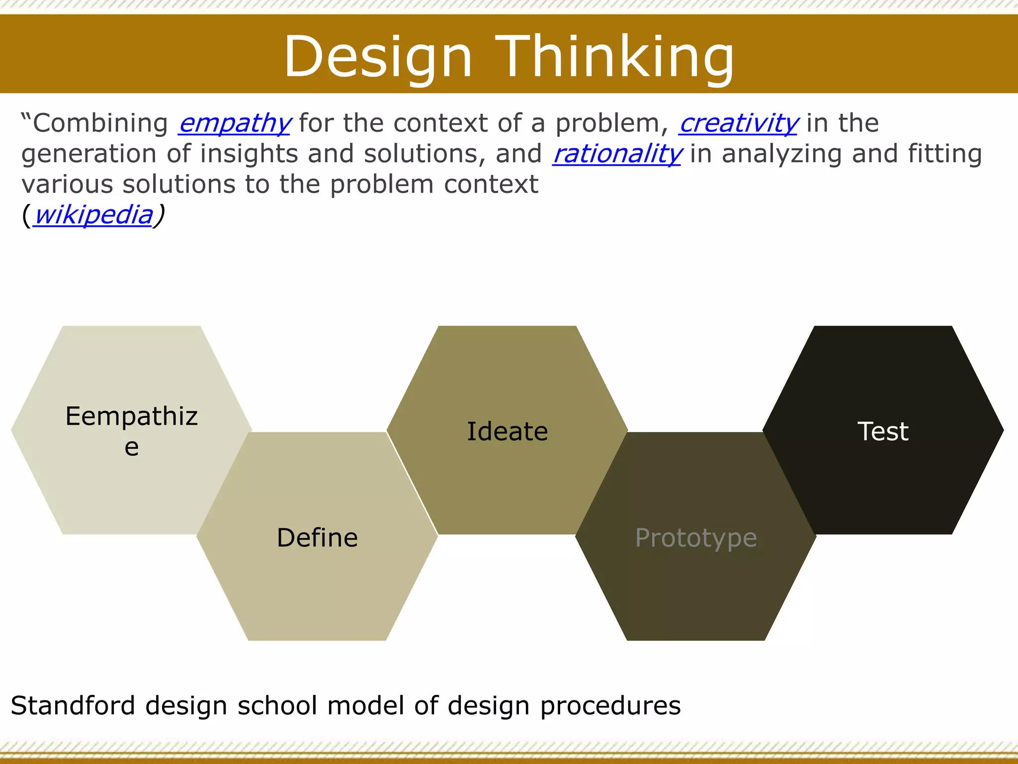 Design Thinking
Eempathiz
e
Define
Ideate
Prototype
Test
Standford design school model of design procedures
“Combining empathy for the context of a problem, creativity in the
generation of insights and solutions, and rationality in analyzing and fitting
various solutions to the problem context
(wikipedia)
 