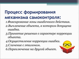 Процесс формирования
механизма самоконтроля:
1.Фиксирование зоны ошибочного действия.
2.Вычленение объекта, в котором допущена
ошибка.
3.Принятие решения о характере коррекции
объекта.
4.Осуществление коррекции ошибки.
5.Сличение с эталоном.
6.Переключение на другой объект.
 