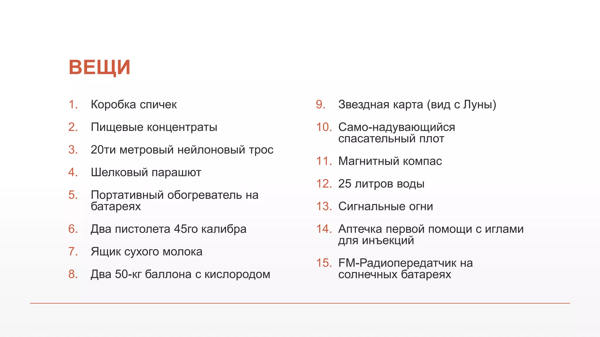 ВЕЩИ
1. Коробка спичек
2. Пищевые концентраты
3. 20ти метровый нейлоновый трос
4. Шелковый парашют
5. Портативный обогреватель на
батареях
6. Два пистолета 45го калибра
7. Ящик сухого молока
8. Два 50-кг баллона с кислородом
9. Звездная карта (вид с Луны)
10. Само-надувающийся
спасательный плот
11. Магнитный компас
12. 25 литров воды
13. Сигнальные огни
14. Аптечка первой помощи с иглами
для инъекций
15. FM-Радиопередатчик на
солнечных батареях
 